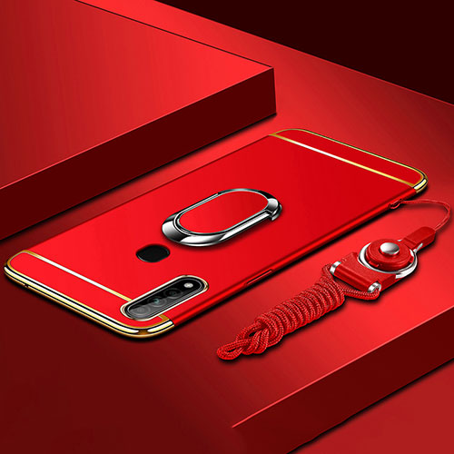 Luxury Metal Frame and Plastic Back Cover Case with Finger Ring Stand A01 for Oppo A31 Red