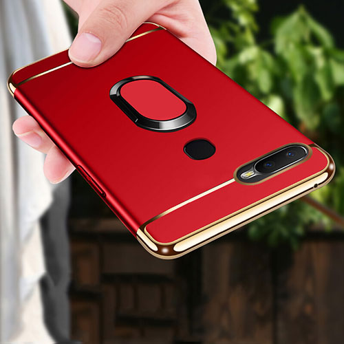 Luxury Metal Frame and Plastic Back Cover Case with Finger Ring Stand A01 for Oppo A7 Red