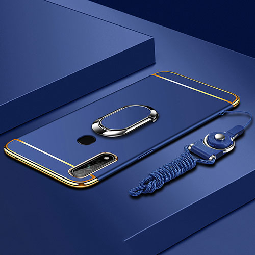 Luxury Metal Frame and Plastic Back Cover Case with Finger Ring Stand A01 for Oppo A8 Blue