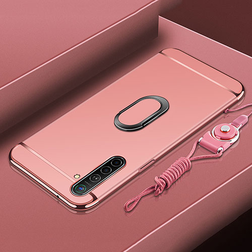 Luxury Metal Frame and Plastic Back Cover Case with Finger Ring Stand A01 for Oppo K5 Rose Gold