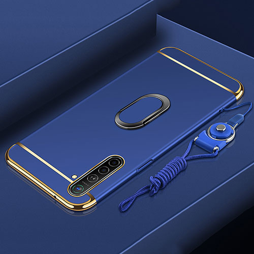 Luxury Metal Frame and Plastic Back Cover Case with Finger Ring Stand A01 for Realme X2 Blue