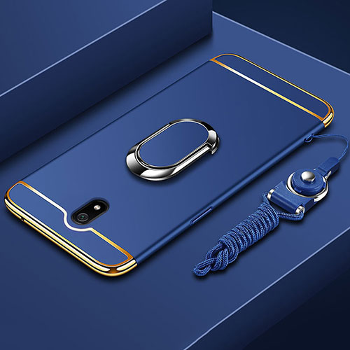 Luxury Metal Frame and Plastic Back Cover Case with Finger Ring Stand A01 for Xiaomi Redmi 8A Blue