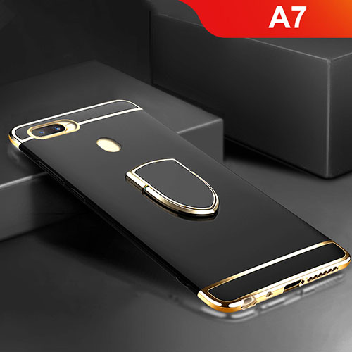 Luxury Metal Frame and Plastic Back Cover Case with Finger Ring Stand A02 for Oppo A7 Black