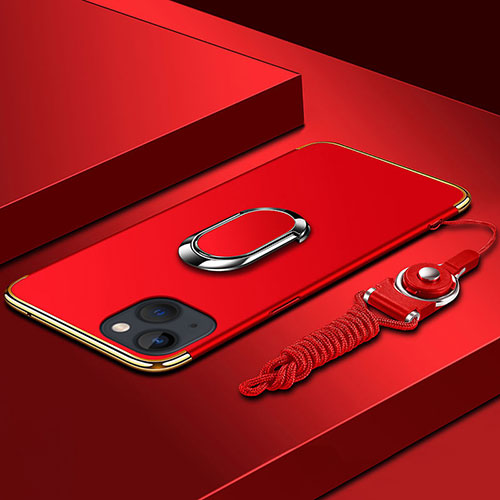 Luxury Metal Frame and Plastic Back Cover Case with Finger Ring Stand and Lanyard for Apple iPhone 13 Mini Red