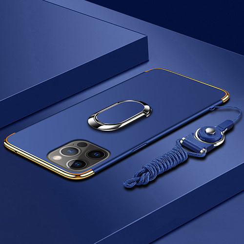 Luxury Metal Frame and Plastic Back Cover Case with Finger Ring Stand and Lanyard for Apple iPhone 13 Pro Max Blue