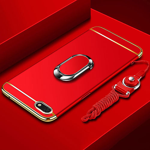 Luxury Metal Frame and Plastic Back Cover Case with Finger Ring Stand and Lanyard for Huawei Enjoy 8e Lite Red