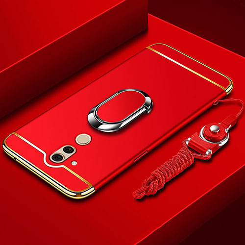 Luxury Metal Frame and Plastic Back Cover Case with Finger Ring Stand and Lanyard for Huawei Mate 20 Lite Red