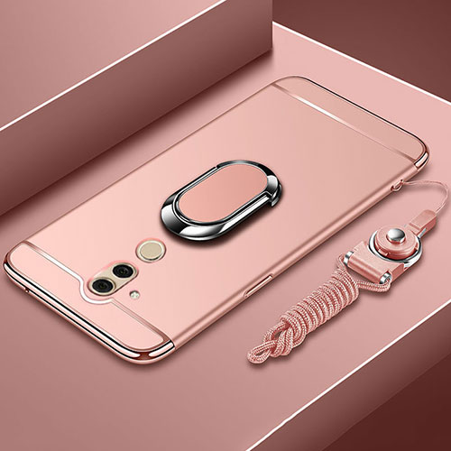 Luxury Metal Frame and Plastic Back Cover Case with Finger Ring Stand and Lanyard for Huawei Mate 20 Lite Rose Gold