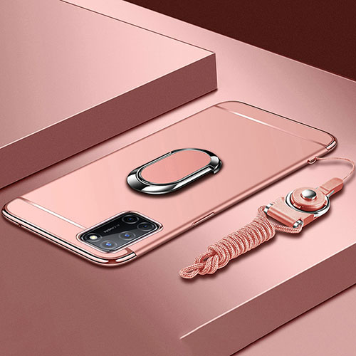 Luxury Metal Frame and Plastic Back Cover Case with Finger Ring Stand and Lanyard for Oppo A92 Rose Gold