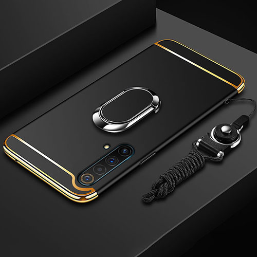 Luxury Metal Frame and Plastic Back Cover Case with Finger Ring Stand and Lanyard for Realme X50 5G Black