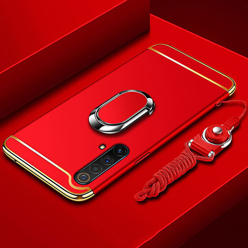 Luxury Metal Frame and Plastic Back Cover Case with Finger Ring Stand and Lanyard for Realme X50 5G Red