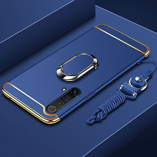 Luxury Metal Frame and Plastic Back Cover Case with Finger Ring Stand and Lanyard for Realme X50m 5G Blue