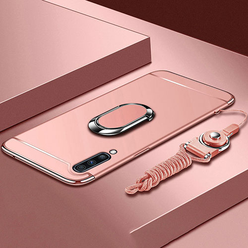 Luxury Metal Frame and Plastic Back Cover Case with Finger Ring Stand and Lanyard for Samsung Galaxy A70 Rose Gold