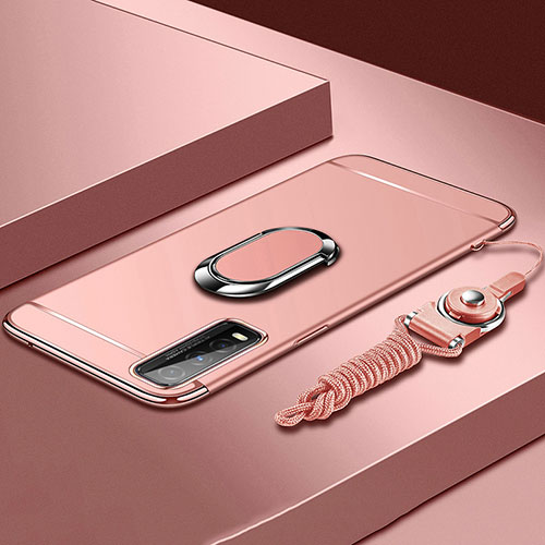 Luxury Metal Frame and Plastic Back Cover Case with Finger Ring Stand for Vivo Y70t 5G Rose Gold