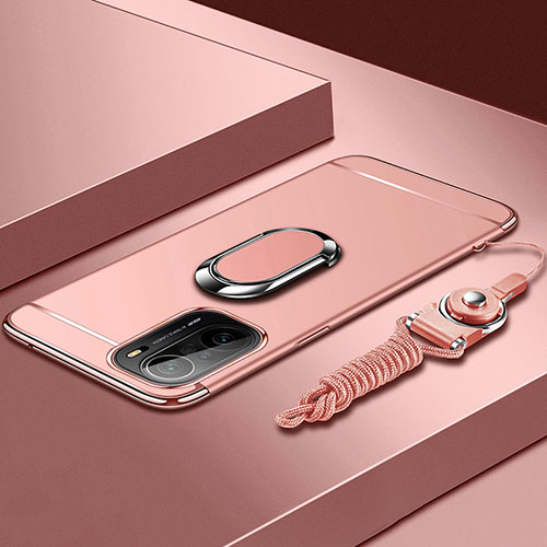 Luxury Metal Frame and Plastic Back Cover Case with Finger Ring Stand for Xiaomi Poco F3 5G Rose Gold