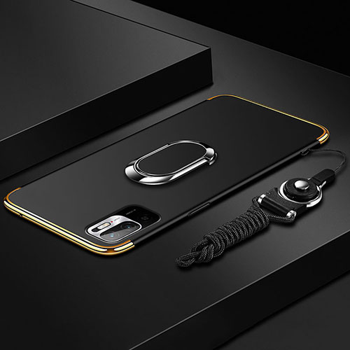 Luxury Metal Frame and Plastic Back Cover Case with Finger Ring Stand for Xiaomi POCO M3 Pro 5G Black