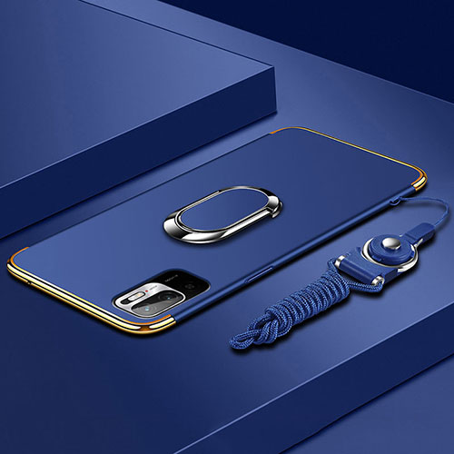 Luxury Metal Frame and Plastic Back Cover Case with Finger Ring Stand for Xiaomi POCO M3 Pro 5G Blue