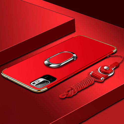 Luxury Metal Frame and Plastic Back Cover Case with Finger Ring Stand for Xiaomi POCO M3 Pro 5G Red