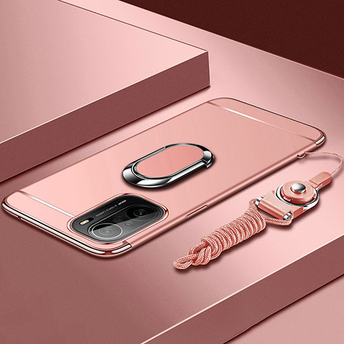 Luxury Metal Frame and Plastic Back Cover Case with Finger Ring Stand for Xiaomi Redmi K40 5G Rose Gold