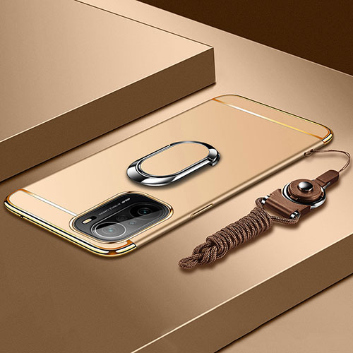 Luxury Metal Frame and Plastic Back Cover Case with Finger Ring Stand for Xiaomi Redmi K40 Pro 5G Gold