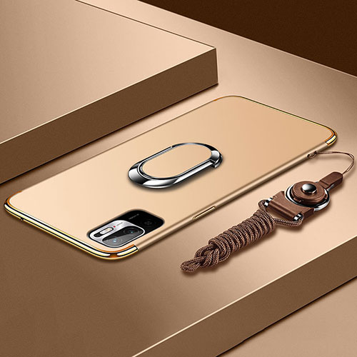 Luxury Metal Frame and Plastic Back Cover Case with Finger Ring Stand for Xiaomi Redmi Note 10T 5G Gold
