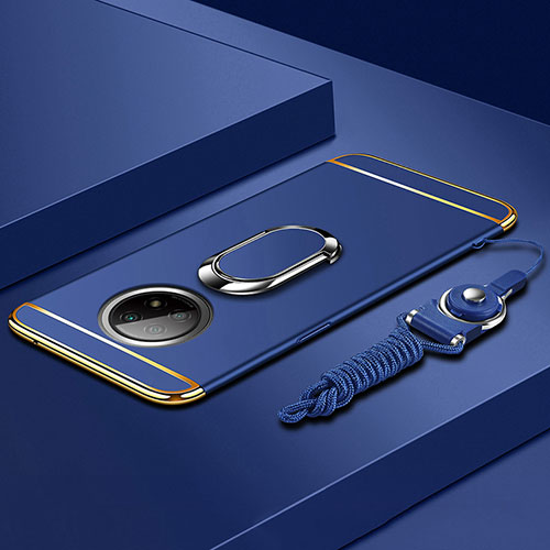 Luxury Metal Frame and Plastic Back Cover Case with Finger Ring Stand for Xiaomi Redmi Note 9 5G Blue