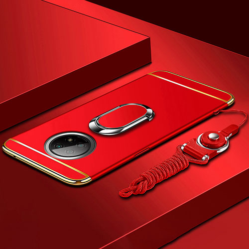 Luxury Metal Frame and Plastic Back Cover Case with Finger Ring Stand for Xiaomi Redmi Note 9 5G Red