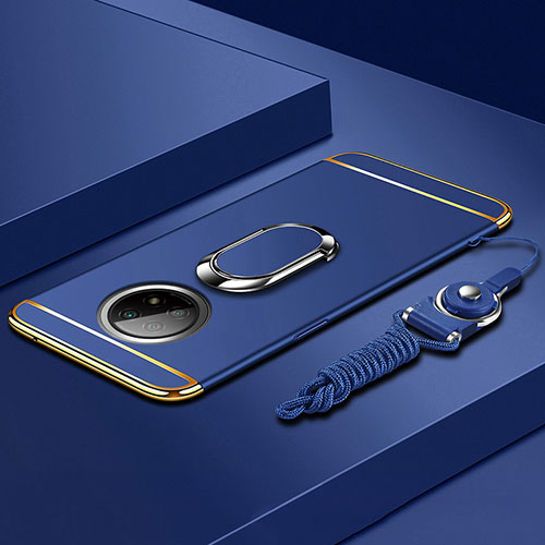 Luxury Metal Frame and Plastic Back Cover Case with Finger Ring Stand for Xiaomi Redmi Note 9T 5G Blue