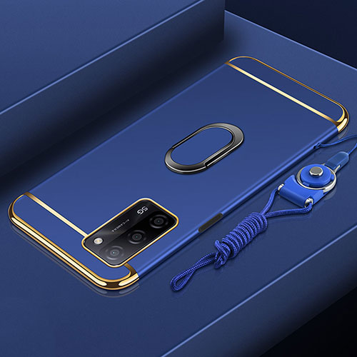 Luxury Metal Frame and Plastic Back Cover Case with Finger Ring Stand P01 for Oppo A53s 5G Blue