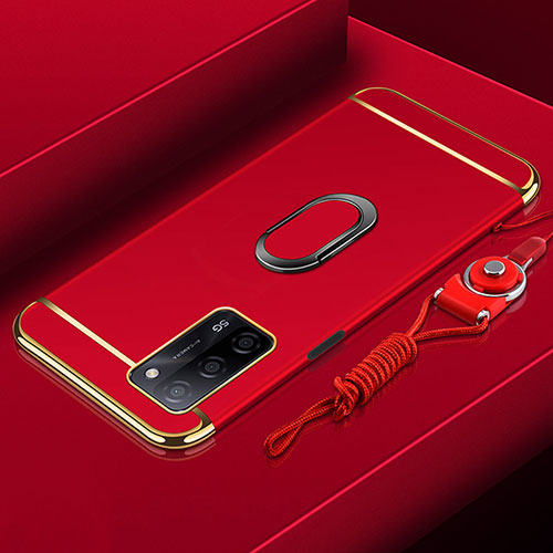Luxury Metal Frame and Plastic Back Cover Case with Finger Ring Stand P01 for Oppo A55 5G Red