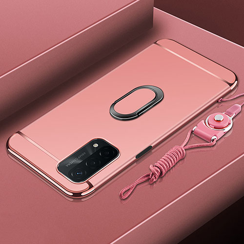 Luxury Metal Frame and Plastic Back Cover Case with Finger Ring Stand P01 for Oppo A93 5G Rose Gold