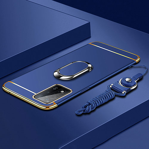 Luxury Metal Frame and Plastic Back Cover Case with Finger Ring Stand P01 for Oppo A93s 5G Blue