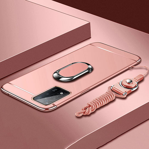 Luxury Metal Frame and Plastic Back Cover Case with Finger Ring Stand P01 for Oppo A93s 5G Rose Gold