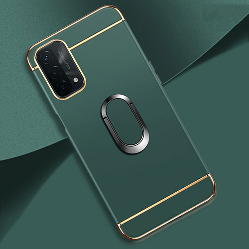 Luxury Metal Frame and Plastic Back Cover Case with Finger Ring Stand P02 for Oppo A54 5G Midnight Green