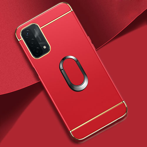 Luxury Metal Frame and Plastic Back Cover Case with Finger Ring Stand P02 for Oppo A54 5G Red