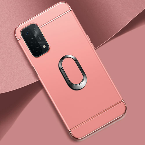 Luxury Metal Frame and Plastic Back Cover Case with Finger Ring Stand P02 for Oppo A54 5G Rose Gold