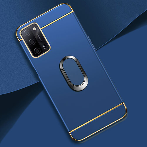 Luxury Metal Frame and Plastic Back Cover Case with Finger Ring Stand P02 for Oppo A55 5G Blue