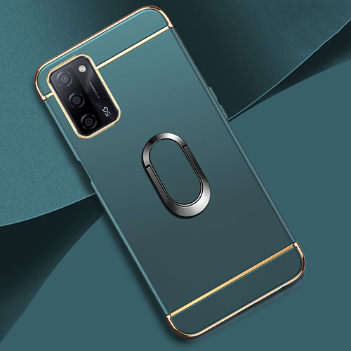 Luxury Metal Frame and Plastic Back Cover Case with Finger Ring Stand P02 for Oppo A55 5G Green
