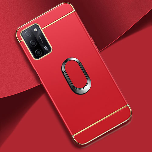 Luxury Metal Frame and Plastic Back Cover Case with Finger Ring Stand P02 for Oppo A55 5G Red