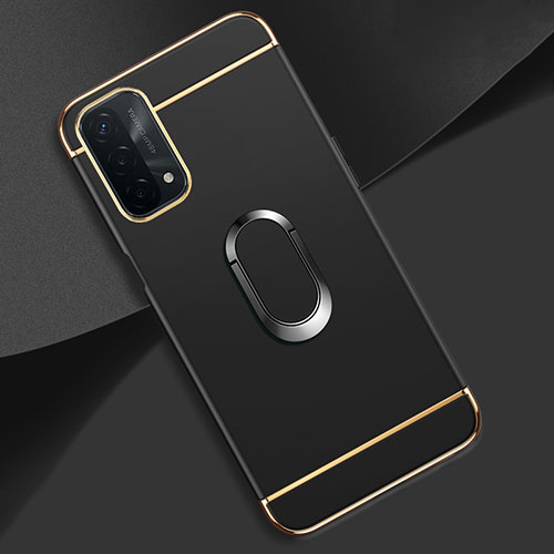 Luxury Metal Frame and Plastic Back Cover Case with Finger Ring Stand P02 for Oppo A74 5G Black