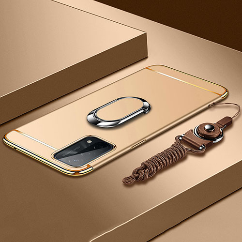 Luxury Metal Frame and Plastic Back Cover Case with Finger Ring Stand P03 for Oppo A54 5G Gold