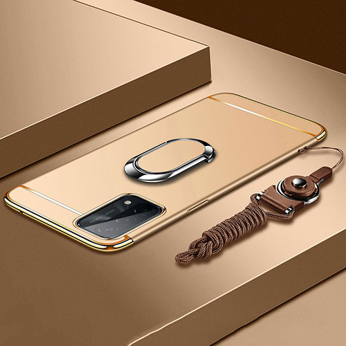 Luxury Metal Frame and Plastic Back Cover Case with Finger Ring Stand P03 for Oppo A93 5G Gold