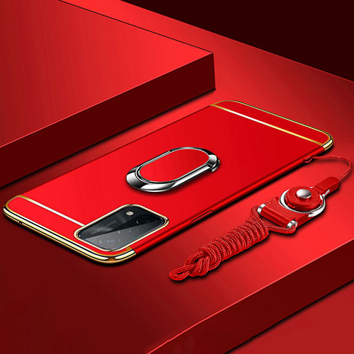 Luxury Metal Frame and Plastic Back Cover Case with Finger Ring Stand P03 for Oppo A93 5G Red