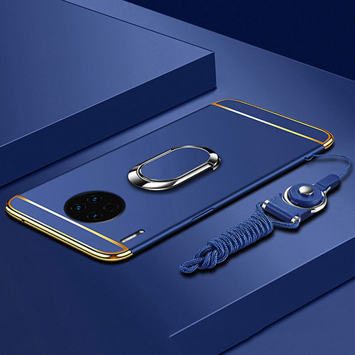 Luxury Metal Frame and Plastic Back Cover Case with Finger Ring Stand T01 for Huawei Mate 30 Pro Blue