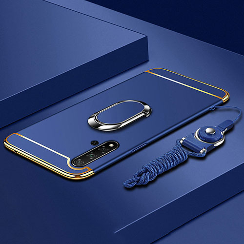 Luxury Metal Frame and Plastic Back Cover Case with Finger Ring Stand T01 for Huawei Nova 5 Pro Blue