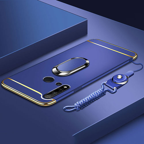 Luxury Metal Frame and Plastic Back Cover Case with Finger Ring Stand T01 for Huawei Nova 5i Blue