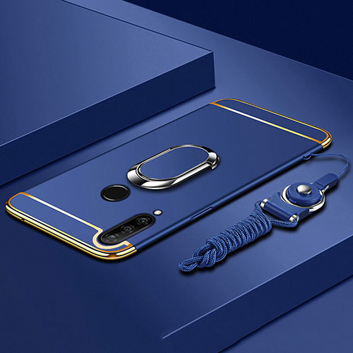 Luxury Metal Frame and Plastic Back Cover Case with Finger Ring Stand T01 for Huawei P30 Lite New Edition Blue