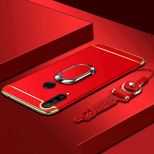 Luxury Metal Frame and Plastic Back Cover Case with Finger Ring Stand T01 for Huawei P30 Lite New Edition Red