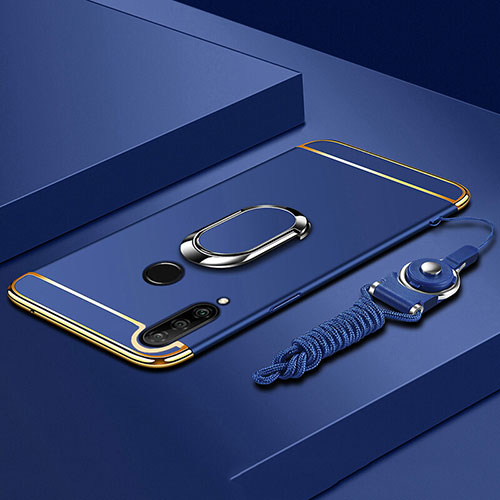 Luxury Metal Frame and Plastic Back Cover Case with Finger Ring Stand T01 for Huawei P30 Lite XL Blue