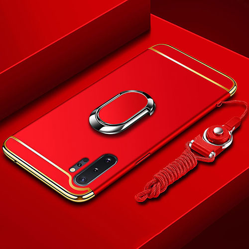 Luxury Metal Frame and Plastic Back Cover Case with Finger Ring Stand T01 for Samsung Galaxy Note 10 Plus Red